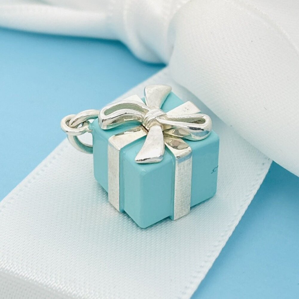 Tiffany & Co. Blue Gift Box Charm or Pendant in Blue Enamel and Sterling Silver